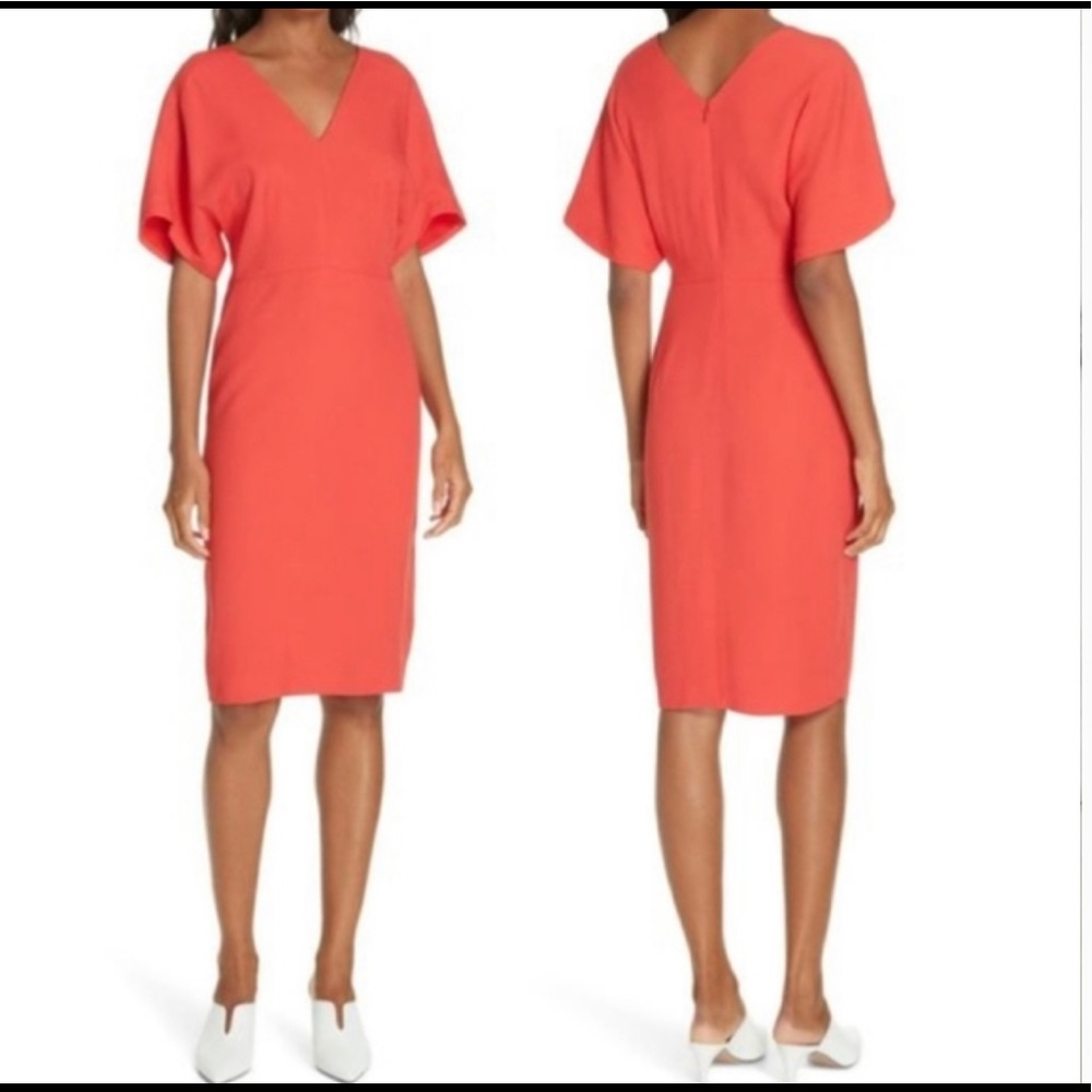 Lewit Coral Crepe V Neck Dress Short Dolman Sleeve Knee Length Sheath Dress